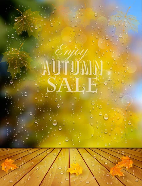 Herbst Verkauf Hintergrund mit einem bunten Blättern und Regentropfen. vect — Stockvektor