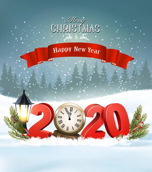 2020年のメリークリスマスの背景と時計と赤いリボン. — ストックベクタ