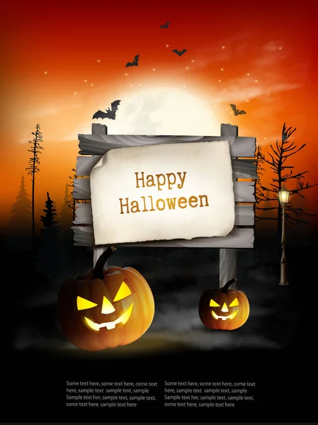 Страшный Хэллоуин фон с тыквами и деревянным знаком. Вектор — стоковый вектор