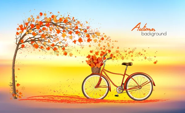 Fondo de otoño con un árbol y una bicicleta con cesta y colorfu — Vector de stock