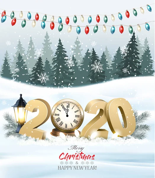 Wesołych Świąt w tle z 2020 roku i zegar i kolorowy strój — Wektor stockowy