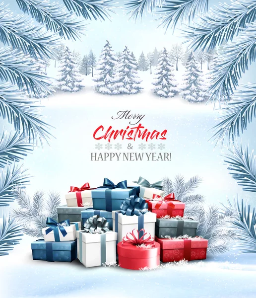 Christmas holiday background with colorful gift boxes and winter — ストックベクタ