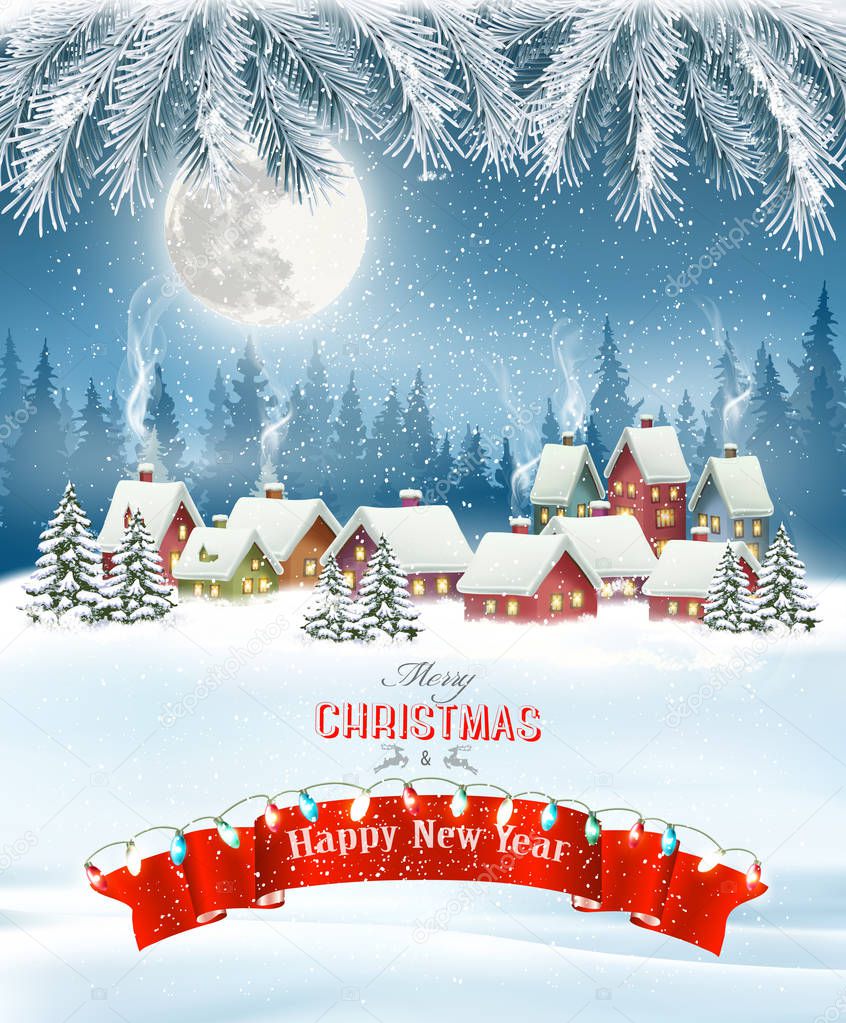 Merry Christmas Background with branches of tree and winter vill