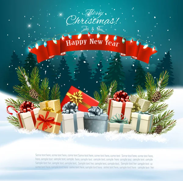 Noël fond de vacances avec des cadeaux sur un traîneau et le Père Noël — Image vectorielle