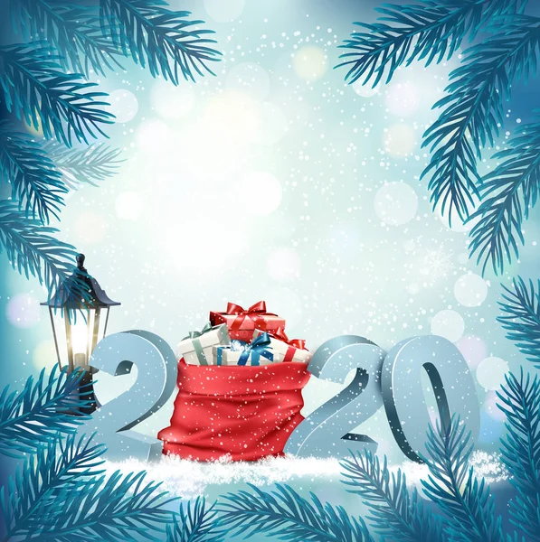 Natale sfondo vacanza con 2020 e sacco rosso con regalo — Vettoriale Stock