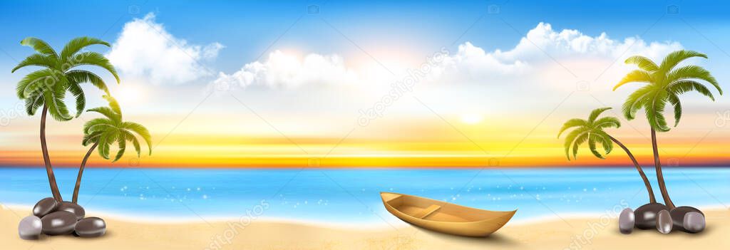 Summer vacation panorama. Tropical beach with a palm tree, blue sea and a pleasure boat. Vector. 