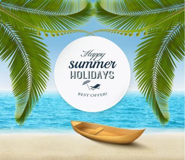 Yaz tatili geçmişi. Beyaz kumlu tropik cennet plajı, kakao palmiyeleri ve balıkçı teknesi. Vektör.