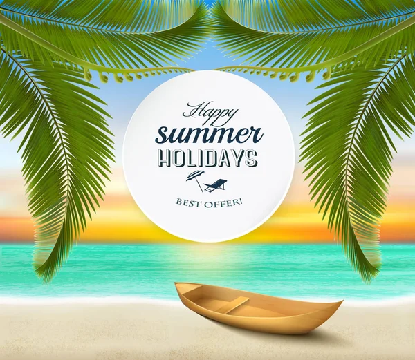暑假背景 热带天堂海滩白沙 椰子树和一艘渔船 — 图库矢量图片