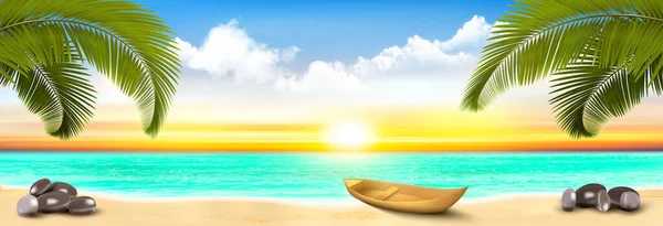 Panorama Férias Verão Praia Tropical Com Uma Palmeira Coco Oceano — Vetor de Stock