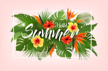 Egzotik palmiye yaprakları ve renkli tropik çiçeklerle yaz tatili arka planı. Vektör