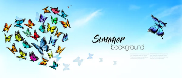 Sommer Natur Hintergrund Mit Einem Bunten Schmetterlinge Und Blauem Himmel — Stockvektor