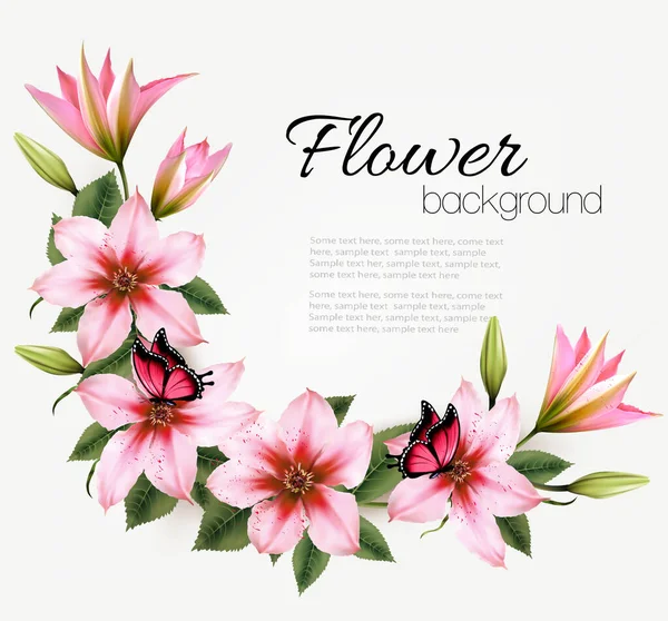 Beautiful Nature Flower Background Pink Clematis Butterflies Roses Vector — Stockvektor