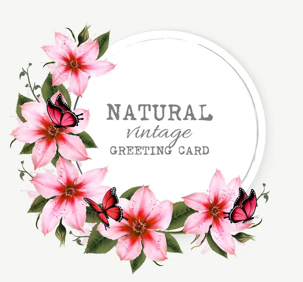 Tarjeta Felicitación Vintage Natural Con Hermosos Clematis Rosados Mariposas Vector — Archivo Imágenes Vectoriales