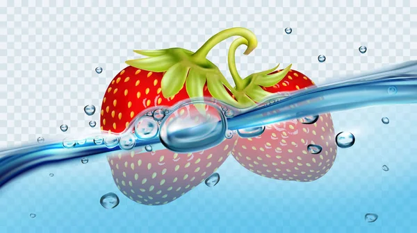 Realista Vector Aislado Transparente Con Fresas Salpicaduras Agua Gotas Ilustración — Archivo Imágenes Vectoriales