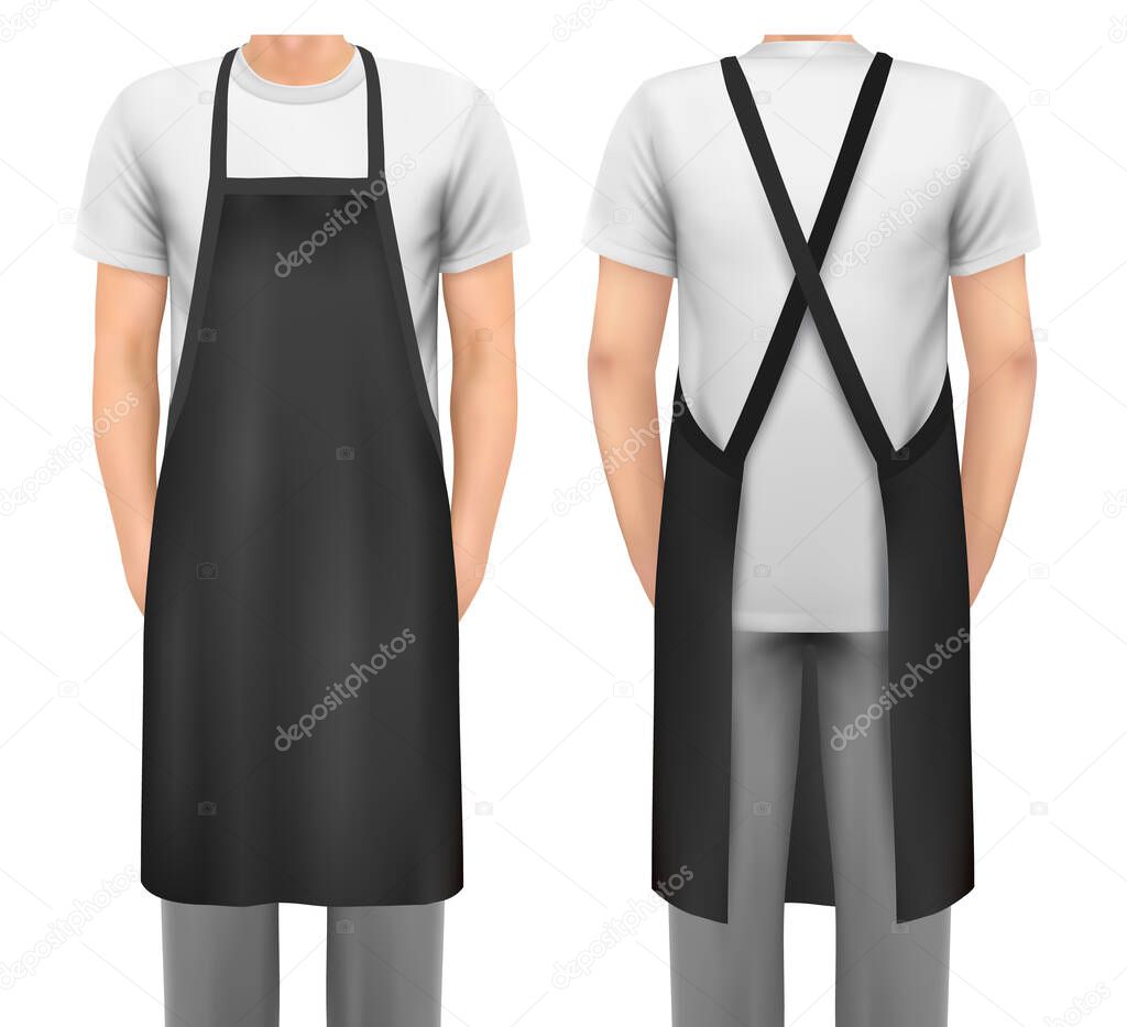 Black cotton kitchen apron set. Design template, mock up for branding, advertising etc. Vector illustration. 