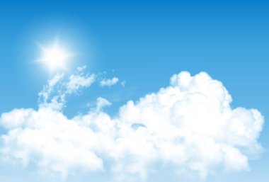 Beyaz saydam bulutlu mavi gökyüzü arkaplanı. Vektör arkaplanı.