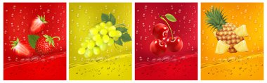 Üç boyutlu taze meyve. Taze meyve suyu birlikte sıçrıyor. Ananas, çilek, vişne suyu, su sıçratma. Vektör illüstrasyonu