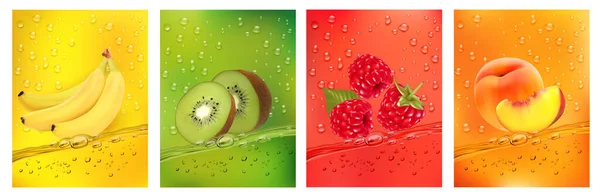 Jugo Frutas Frescas Salpicando Juntos Plátano Kiwi Melocotón Jugo Frambuesa — Vector de stock