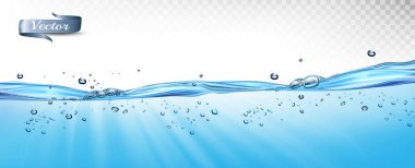 Water waves with air bubbles and sunbeams on transparent background. Vector illustration clipart