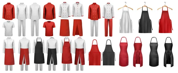 Μεγάλα Μαγειρικά Ρούχα Λευκά Και Κόκκινα Κοστούμια Και Ποδιές Διάνυσμα — Διανυσματικό Αρχείο