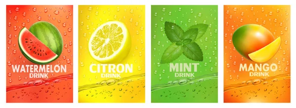 Uppsättning Etiketter Med Fruktdryck Färsk Fruktjuice Stänk Tillsammans Vattenmelon Citron — Stock vektor