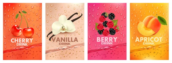 Etiketten Met Fruit Bessendrank Vers Vruchtensap Spetterend Samen Kers Vanille — Stockvector
