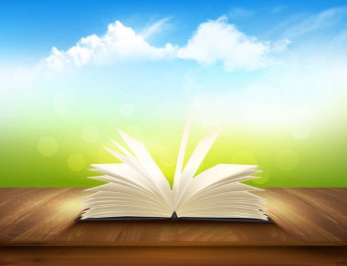 Ahşap bir güvertede yeşil ve mavi arka planı olan açık bir kitap. Vektör.