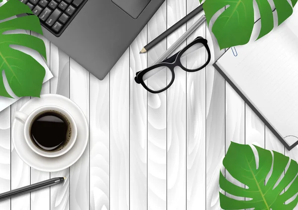 コーヒー ノートパソコン 紙と緑の葉でオフィスの背景 ベクトル — ストックベクタ