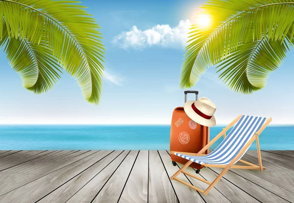 Fondo Vacaciones Playa Con Palmeras Tropicales Mar Azul Vector — Vector de stock
