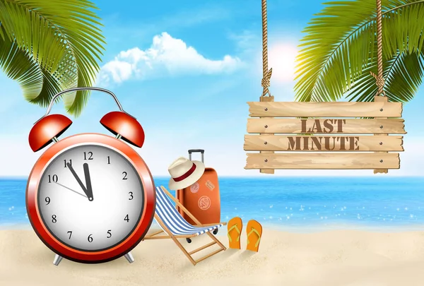 Último Minuto Fondo Vacaciones Verano Reloj Despertador Playa Tropical Vector — Vector de stock