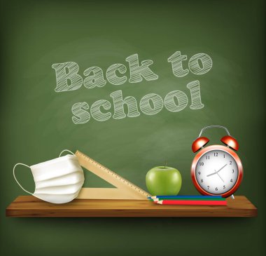 Covid-19 salgınında okula geri döndüm. Okul malzemeleri ve tıbbi maskeli tebeşir tahtası. Vektör