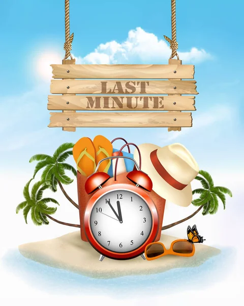 Último Minuto Fondo Vacaciones Verano Reloj Despertador Tropical Beach Vector — Vector de stock