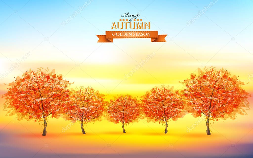 Beautiful autumn nature background with trees and landscape. Vector.