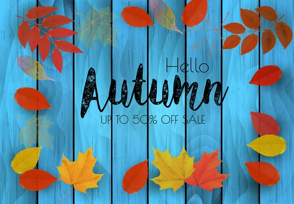 秋天的销售背景 蓝色木制标志上有五彩斑斓的叶子 — 图库矢量图片