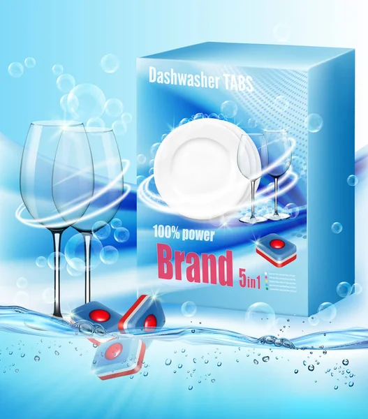 Two Clean Glasses Soap Foam Bubblies Packing Dishwasher Detergent Tabs — Stock Vector