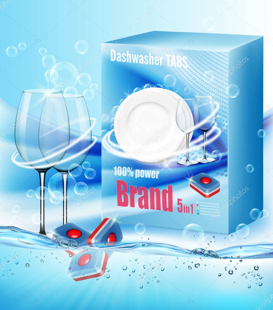 Two clean glasses  in soap foam and bubblies and packing with dishwasher detergent tabs. Realistic dishware  for dishwashing detergent advertising design. Vector