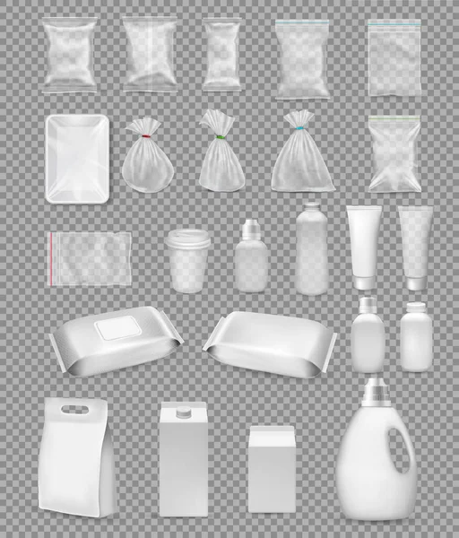 透明な背景に抗菌ウェットワイプのための袋 トレイ カップ ボトル ボックス チューブ ポリプロピレンプラスチック包装や医療用品のコレクション ベクターイラスト — ストックベクタ