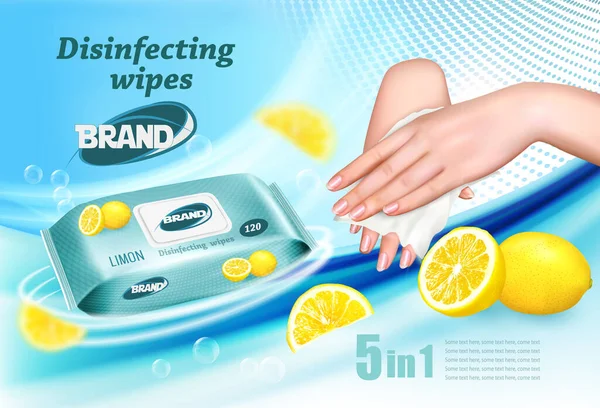 Disinfettare Salviette Umidificate Con Profumo Modello Annuncio Limon Mani Femminili — Vettoriale Stock