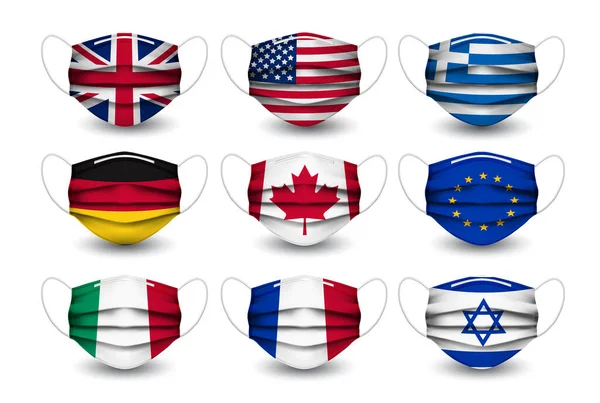 Conjunto Varias Máscaras Faciales Con Diferentes Banderas Italia Francia Alemania — Vector de stock