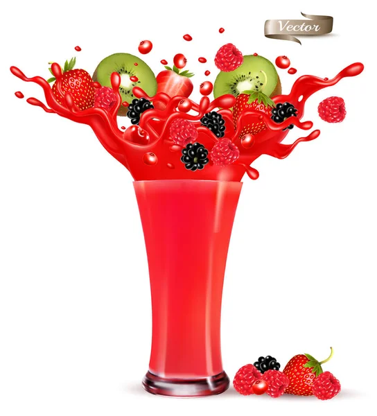 Red Berry Juice Splash Whole Sliced Strawberry Raspberry Cherry Blackberry — Stock Vector