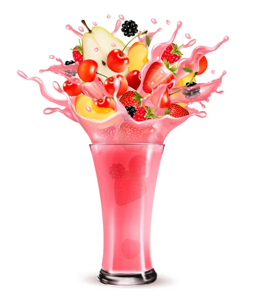 Pink Berry Juice Splash Celá Nakrájená Jahoda Malina Třešeň Ostružina — Stockový vektor