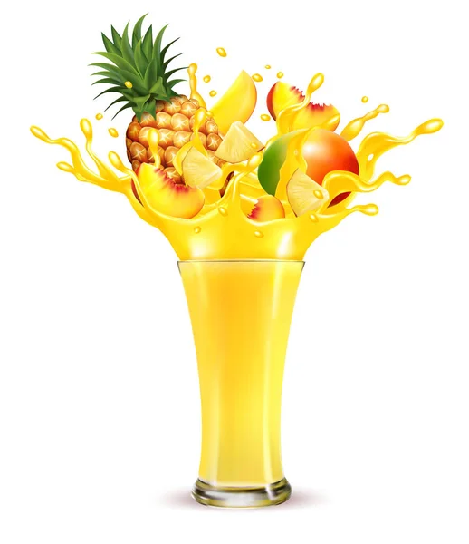 Sarı Meyve Suyu Sıçraması Tam Dilimlenmiş Ananas Mango Şeftali Tatlı — Stok Vektör