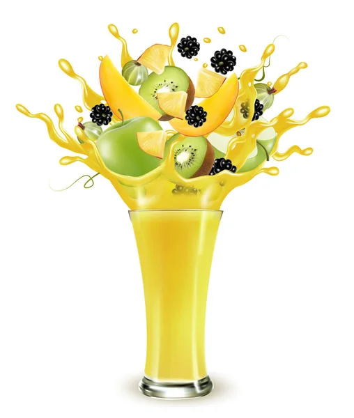 黄色的果汁飞溅 完整的 切片的苹果 猕猴桃和黑莓放入甜的黄色果汁或鸡尾酒中 并在透明的背景下与水花和水滴隔离 — 图库矢量图片