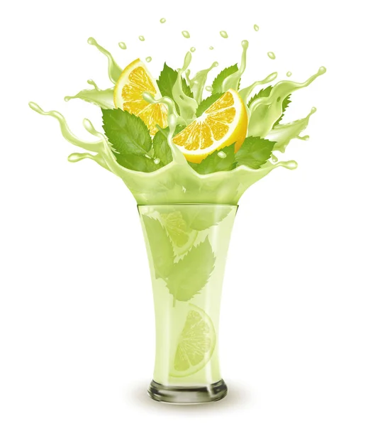 Frisches Fruchtgetränk Spritzt Ganze Und Scheiben Geschnittene Zitrone Und Grüne — Stockvektor