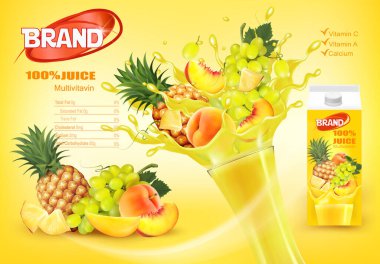 Taze egzotik meyveli mulitivitamin suyu ve serpinti sıvısı. Tam ve dilimlenmiş ananas, mango, şeftali ve üzümlü tatlı sarı bir meyve suyu. Tasarım şablonu. Vektör