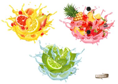 Meyve suyu serpintisi. Tam ve dilimlenmiş ananas, mango, şeftali limonu, portakal suyu içinde muz ya da sulu kokteyl ve şeffaf arka planda izole edilmiş damlalar. Vektör.