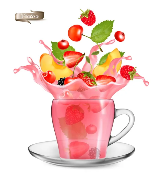 Pink Berry Tea Splash Whole Sliced Strawberry Raspberry Cherry Blackberry — Stock Vector