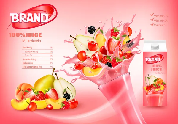 Buah Segar Dan Berry Hutan Dalam Splash Liquid Whole Dan - Stok Vektor