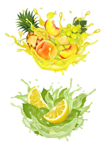 Set Fruit Juice Splash Whole Sliced Pineapple Mango Peach Lime — Stock Vector