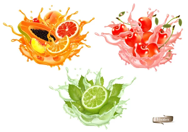 甘いエキゾチックなジューススプラッシュ 全体とスライスパパイヤ チェリー グレープフルーツとオレンジの甘いジュースやカクテルのスプラッシュと透明な背景に孤立ドロップします 3Dだ ベクトル — ストックベクタ